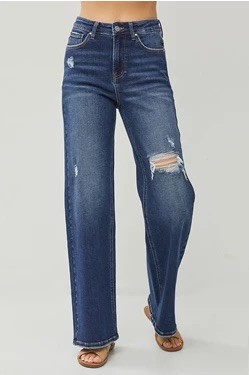HIGH RISE DISTRESSED DETAIL WIDE LEG JEANS