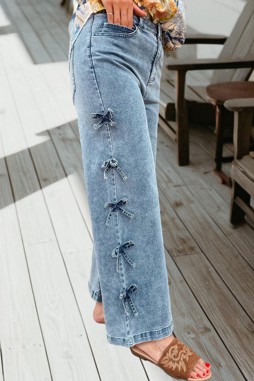 Bow Knot Side Detail Straight Leg Jeans: Beau Blue, 10