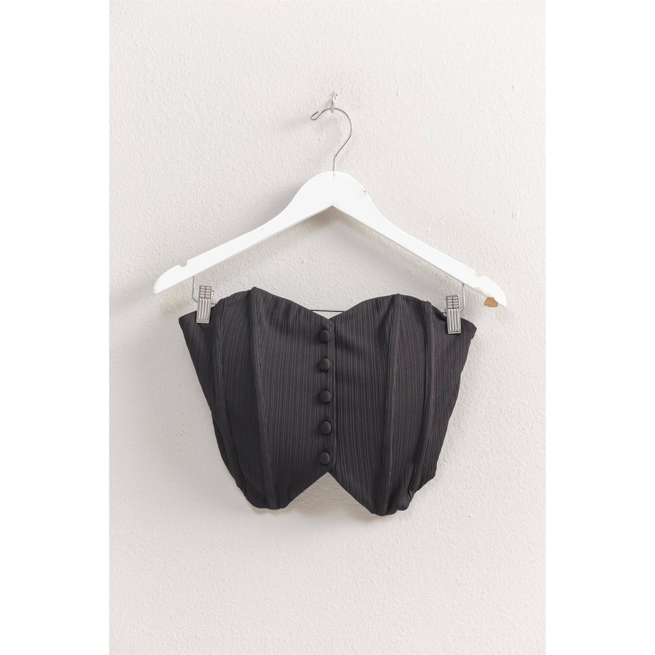 Buttoned Front Strapless Knit Bustier Top: PEACH