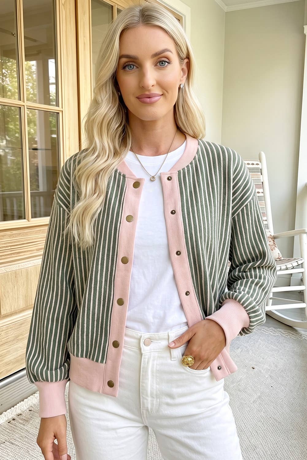 Striped V Neck Cardigan: Green, L