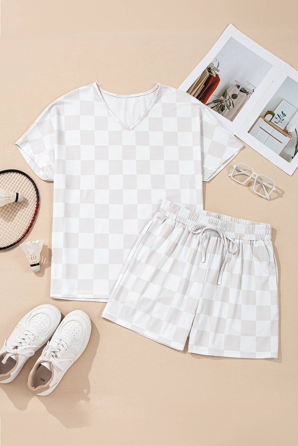 Checkered V Neck Tee Drawstring Shorts Lounge Set, M