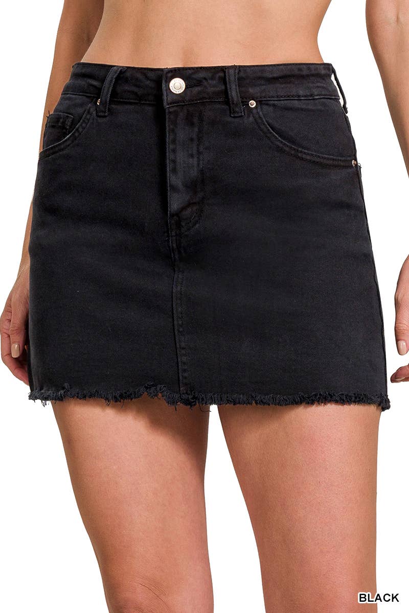Frayed Hem Denim Skirt: BLACK, M