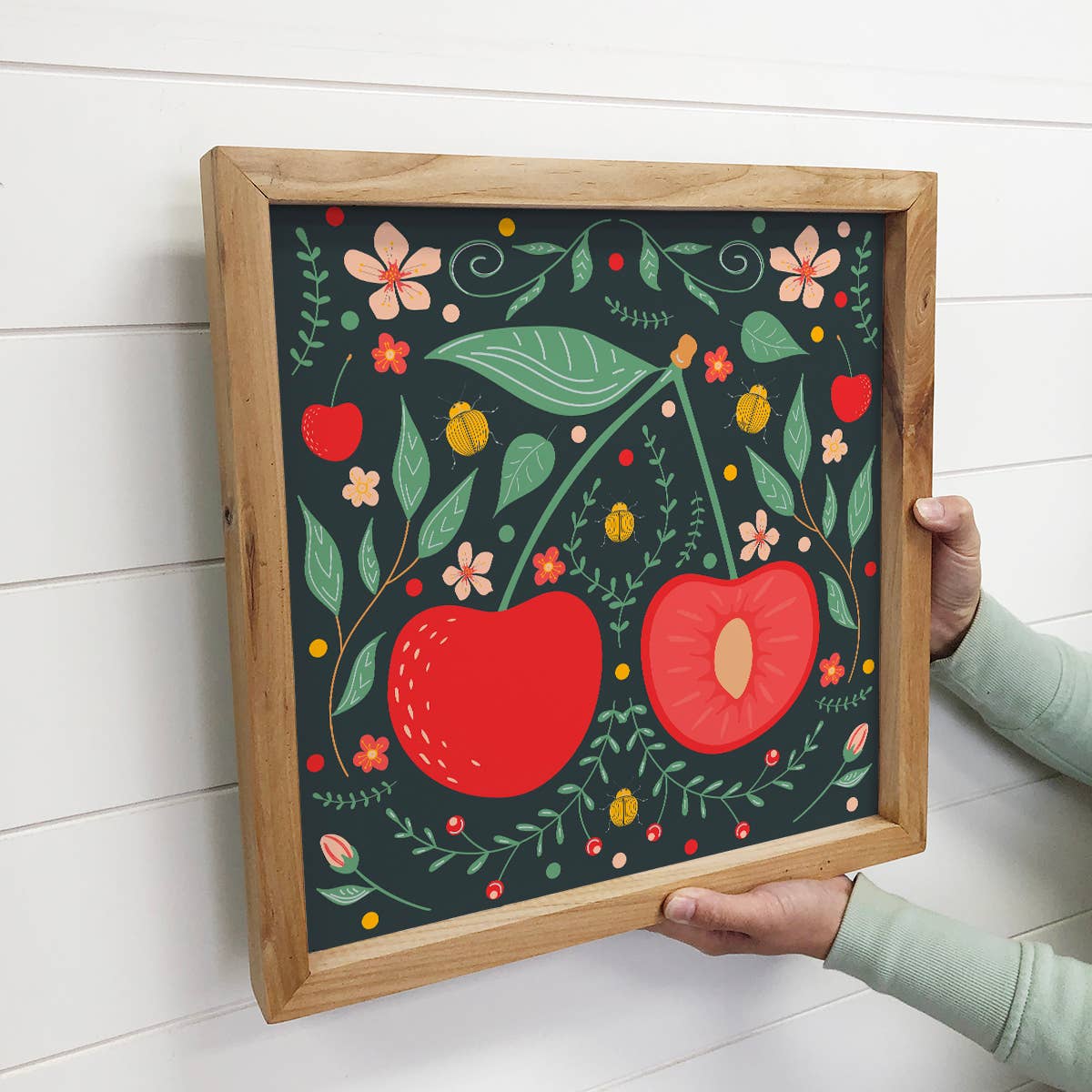 Folk Art Cherry - Cute Cherry Canvas Art - Wood Framed: 6x6" Mini Canvas Art with Wood Box Frame