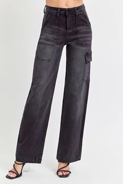 HIGH RISE CARGO POCKET WIDE JEANS-BLK