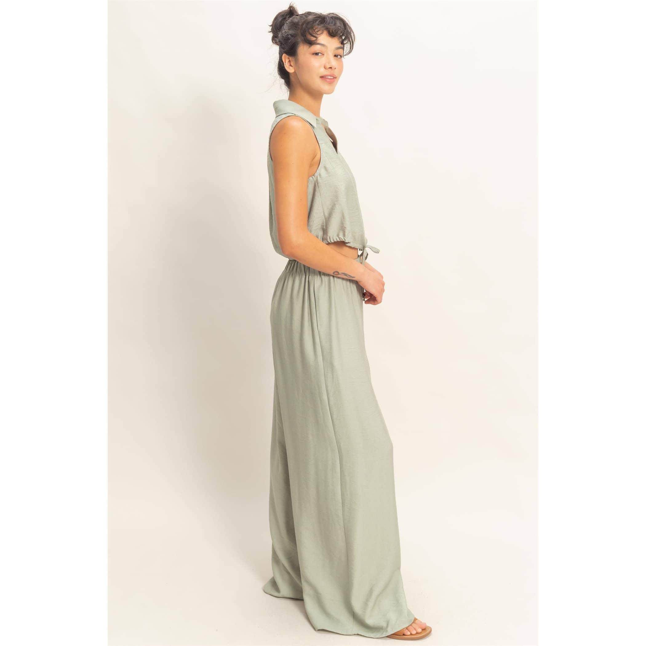 Button Front Vest & Elastic Pants Set: SAGE GREEN