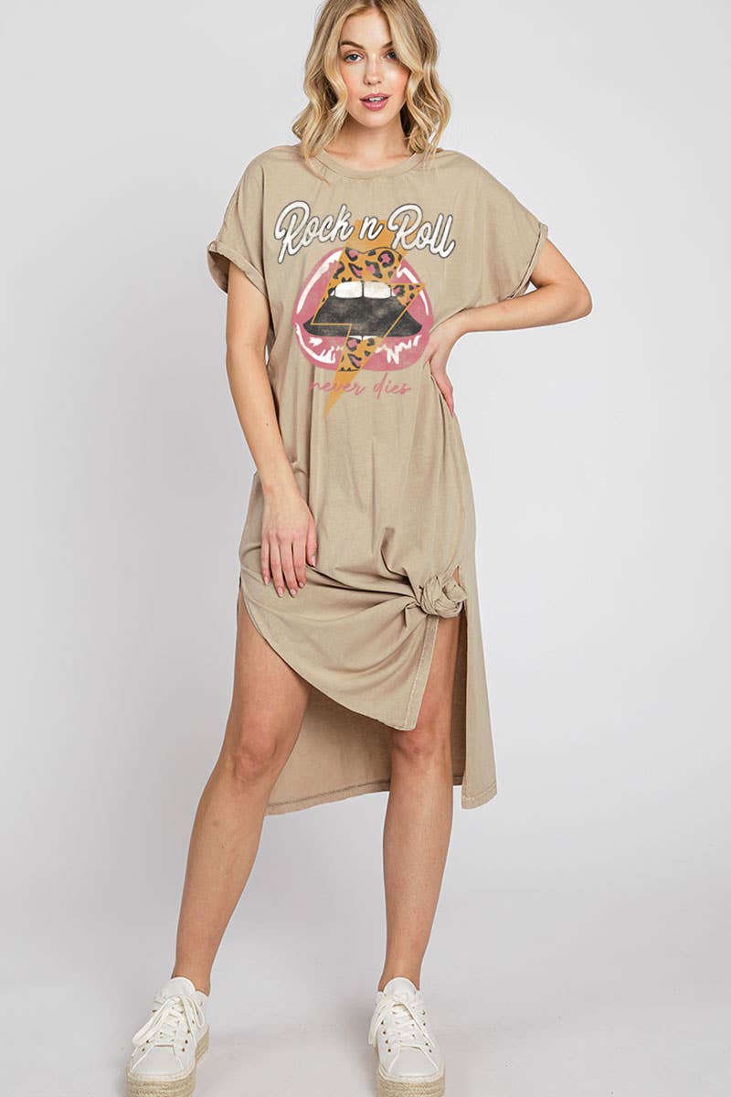 ROCK AND ROLL NEVER DIES MINERAL GRAPHIC DRESS: MINERAL TAUPE, M