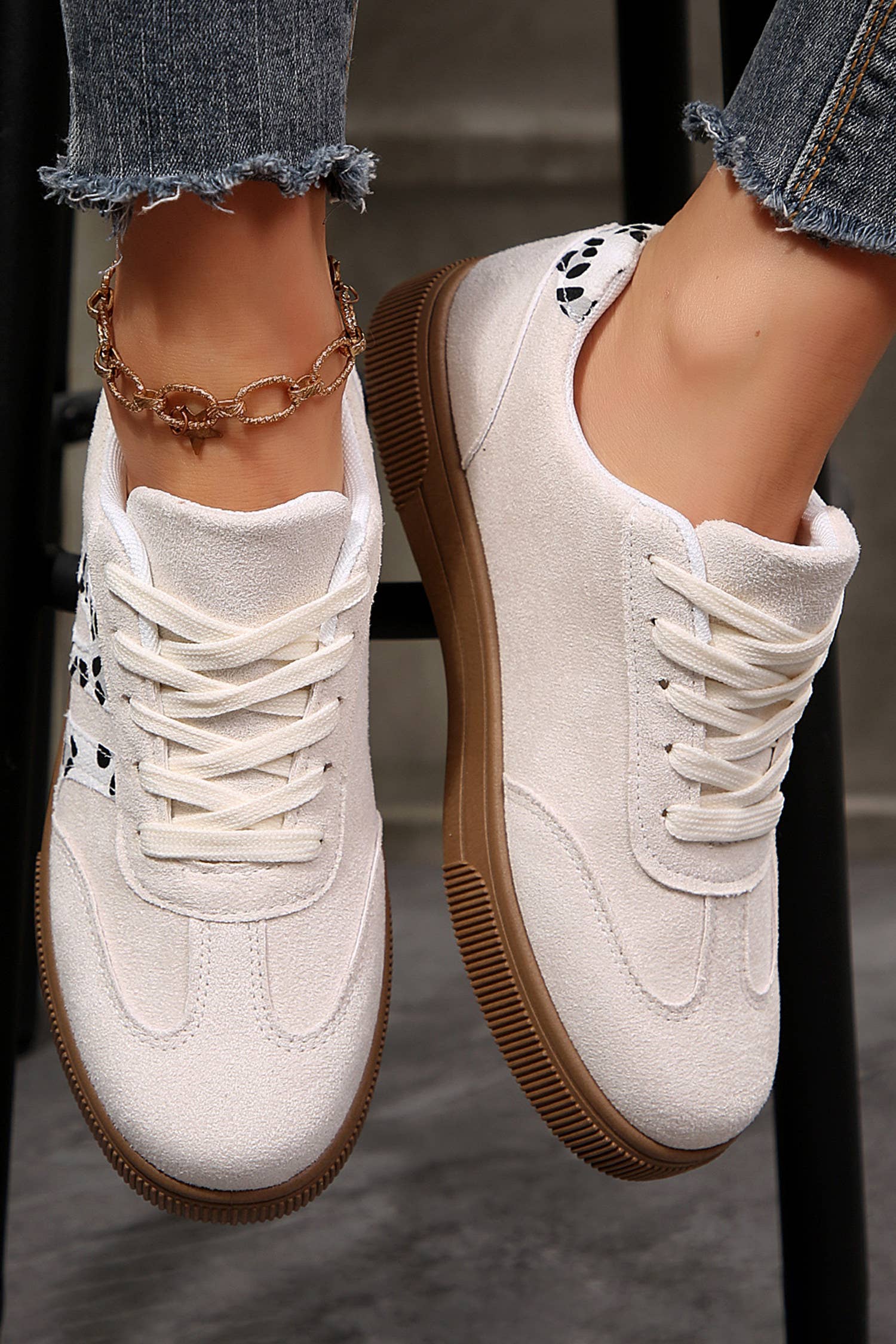 Dalmatian Print/ Quilted Contrast Low Top Sneakers: White, 6(37)