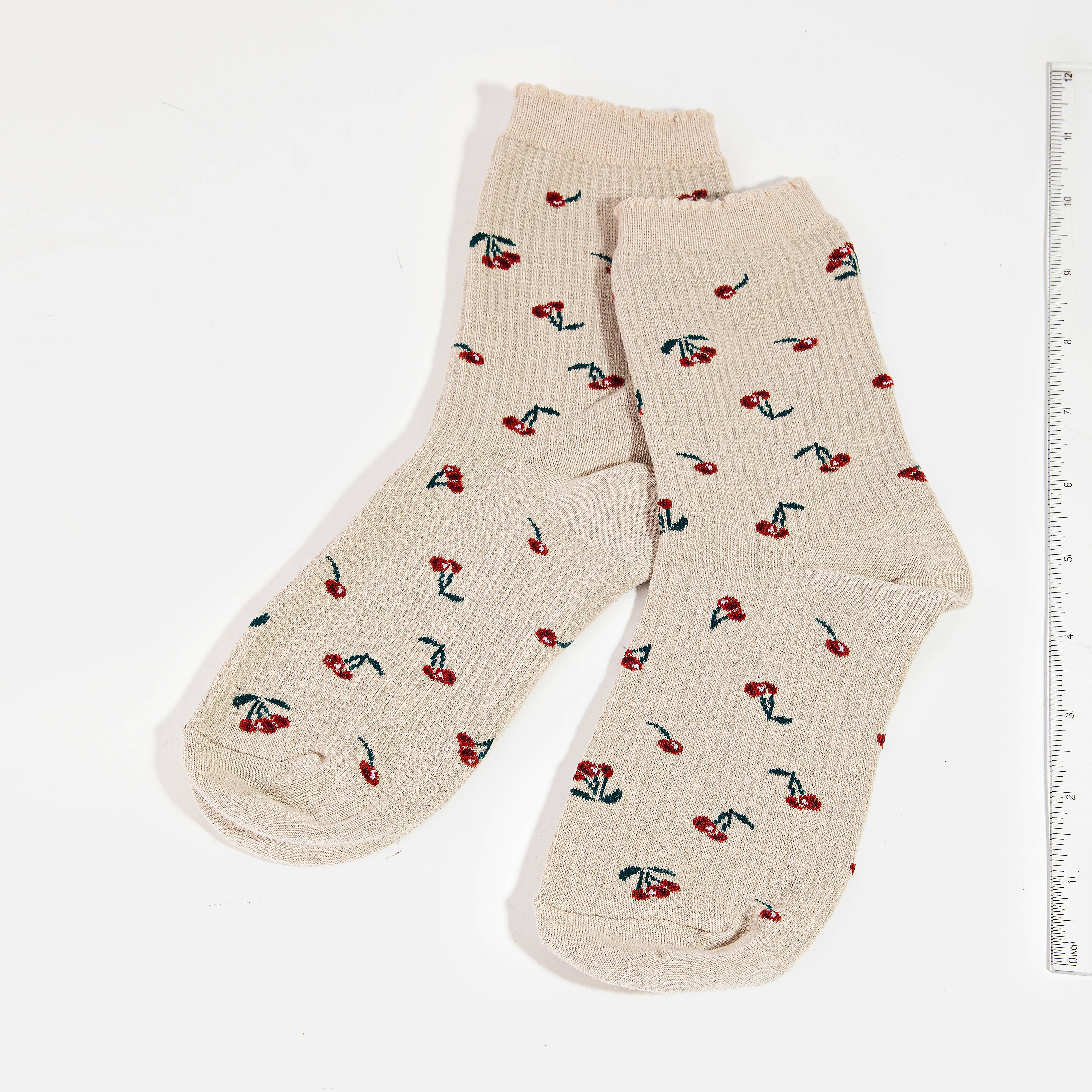 Beige Cherry Print Socks: MULTI