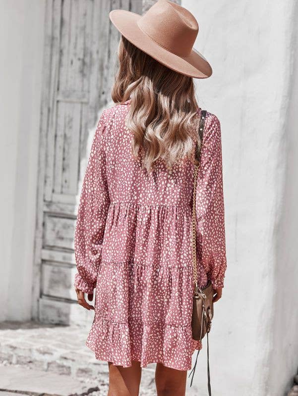 Printed long sleeve dress: Pink, M