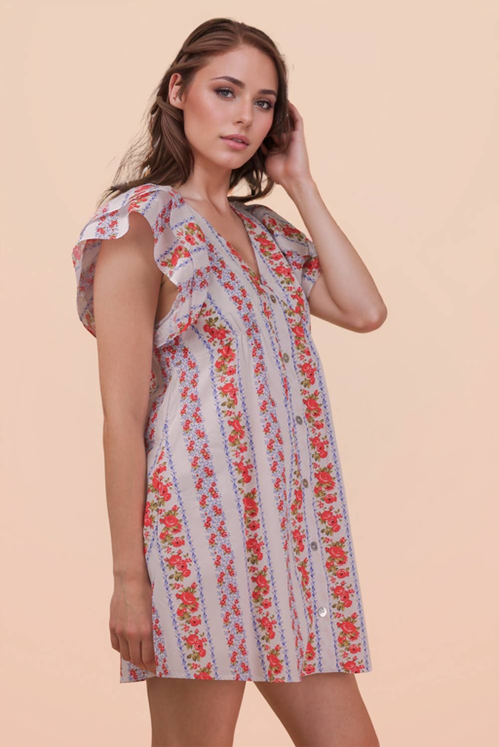 Button Down Printed Ruffle Sleeve Mini Dress: YELLOW MIX