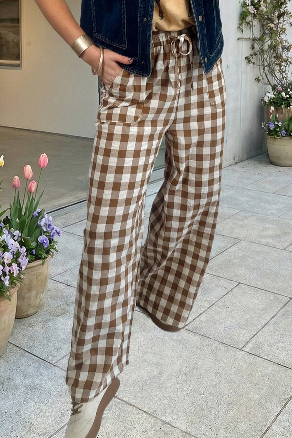 Plaid Print High Waist Straight Leg Pants, Brown, Missy, L