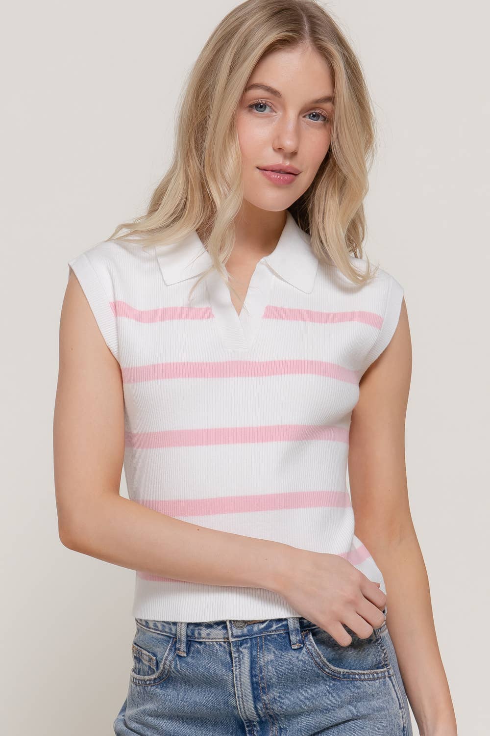 Sleeveless Stripe Polo Spring Sweater: PNK-white/blush, L