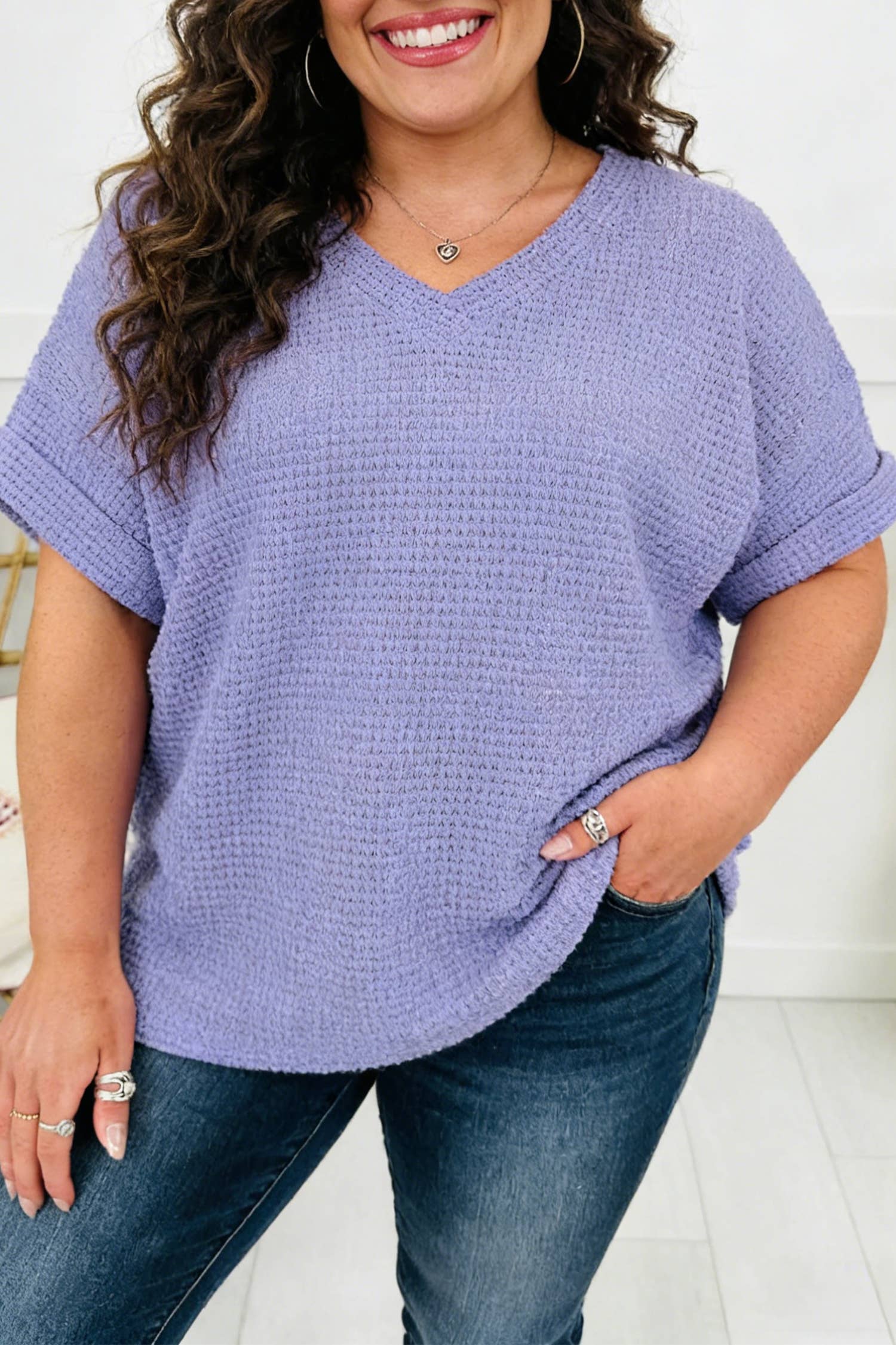 Plus Size Waffle V Neck Short Sleeve Top: Aqua, 1X