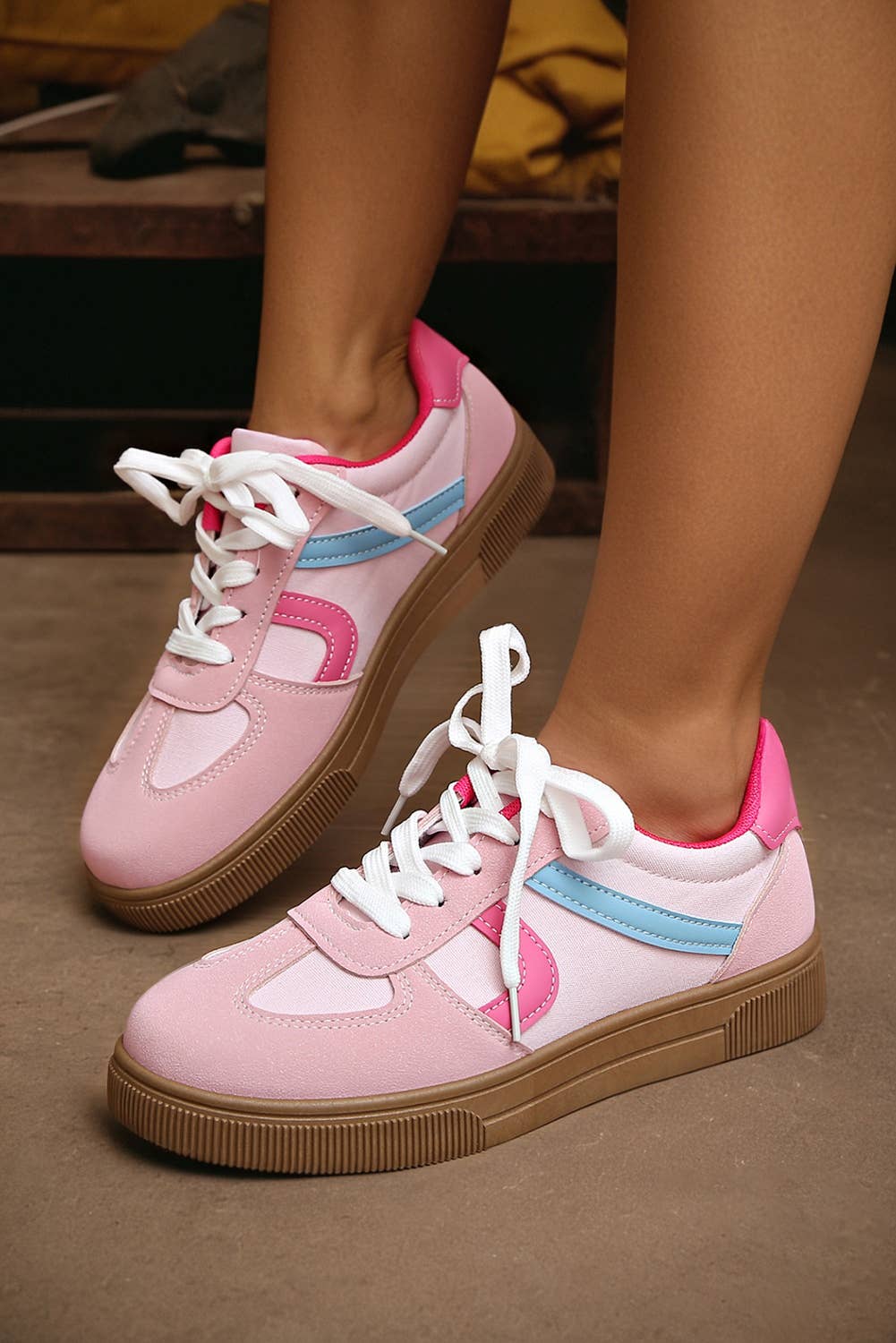 Color Block PU Leather Lace Up Shoes: Pink, 10