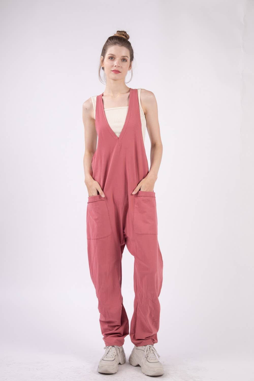 Casual Loose Fit Solid Knit Baggy Jumpsuit: BRICK
