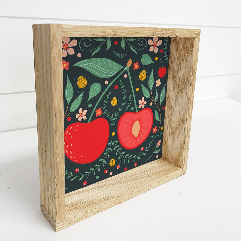Folk Art Cherry - Cute Cherry Canvas Art - Wood Framed: 6x6" Mini Canvas Art with Wood Box Frame