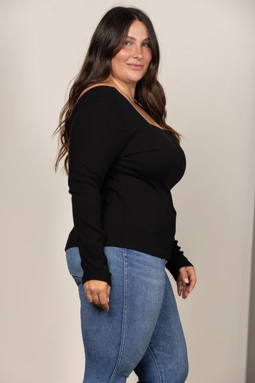 BLACK SQUARE NECK RIBBED KNIT LONG SLEEVES PLUS SIZE TOP: Black, 1XL
