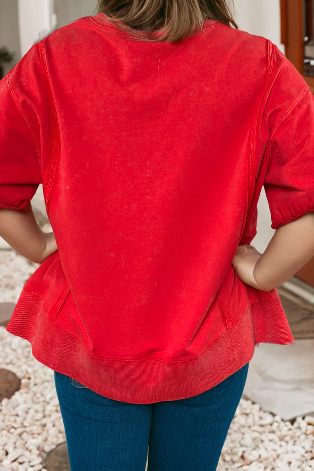 Plus Notched Neck Patchwork Top: Red, 1x