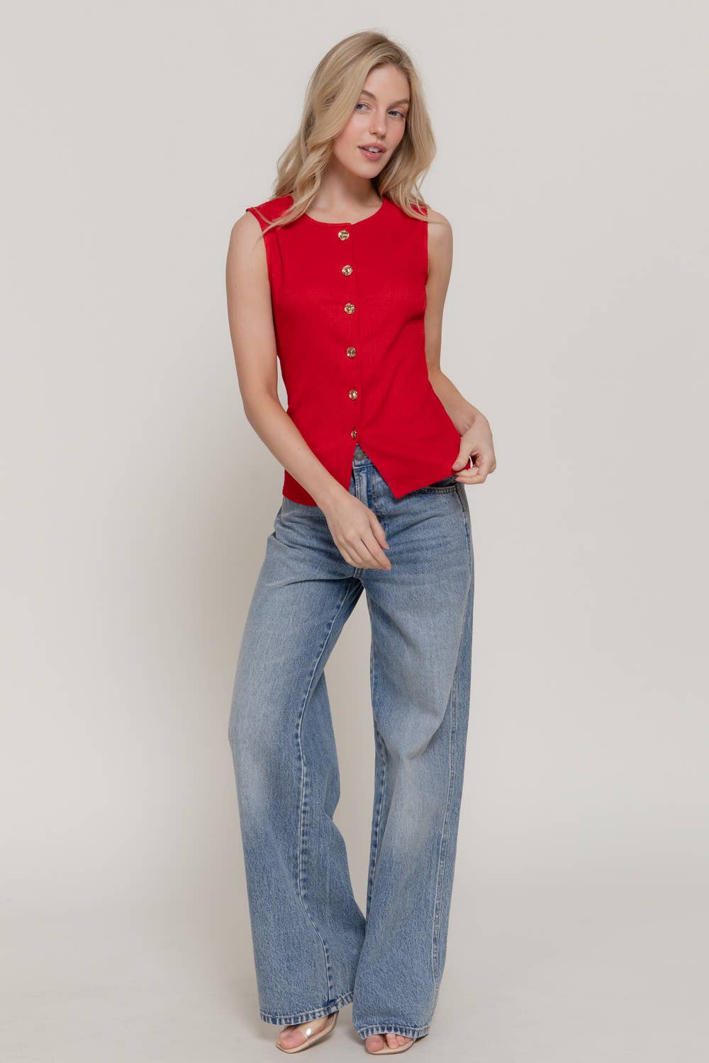 Sleeveless Texture Knit Vest: RED-red, S