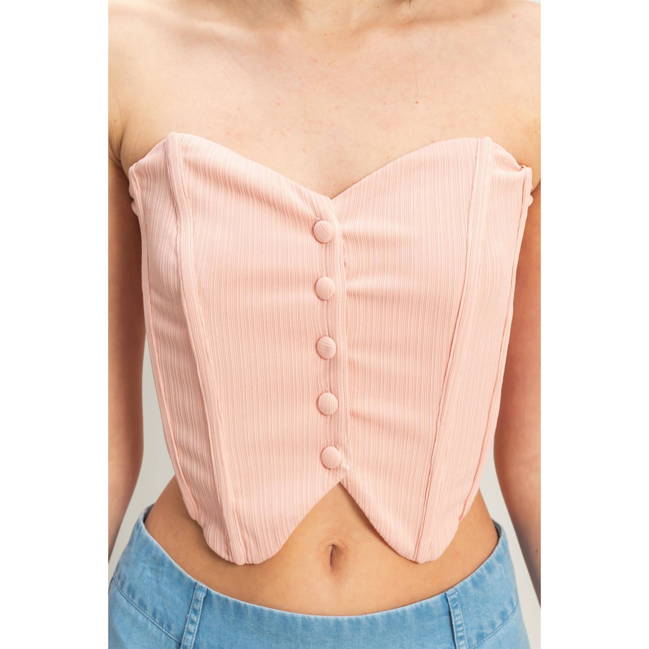 Buttoned Front Strapless Knit Bustier Top: PEACH