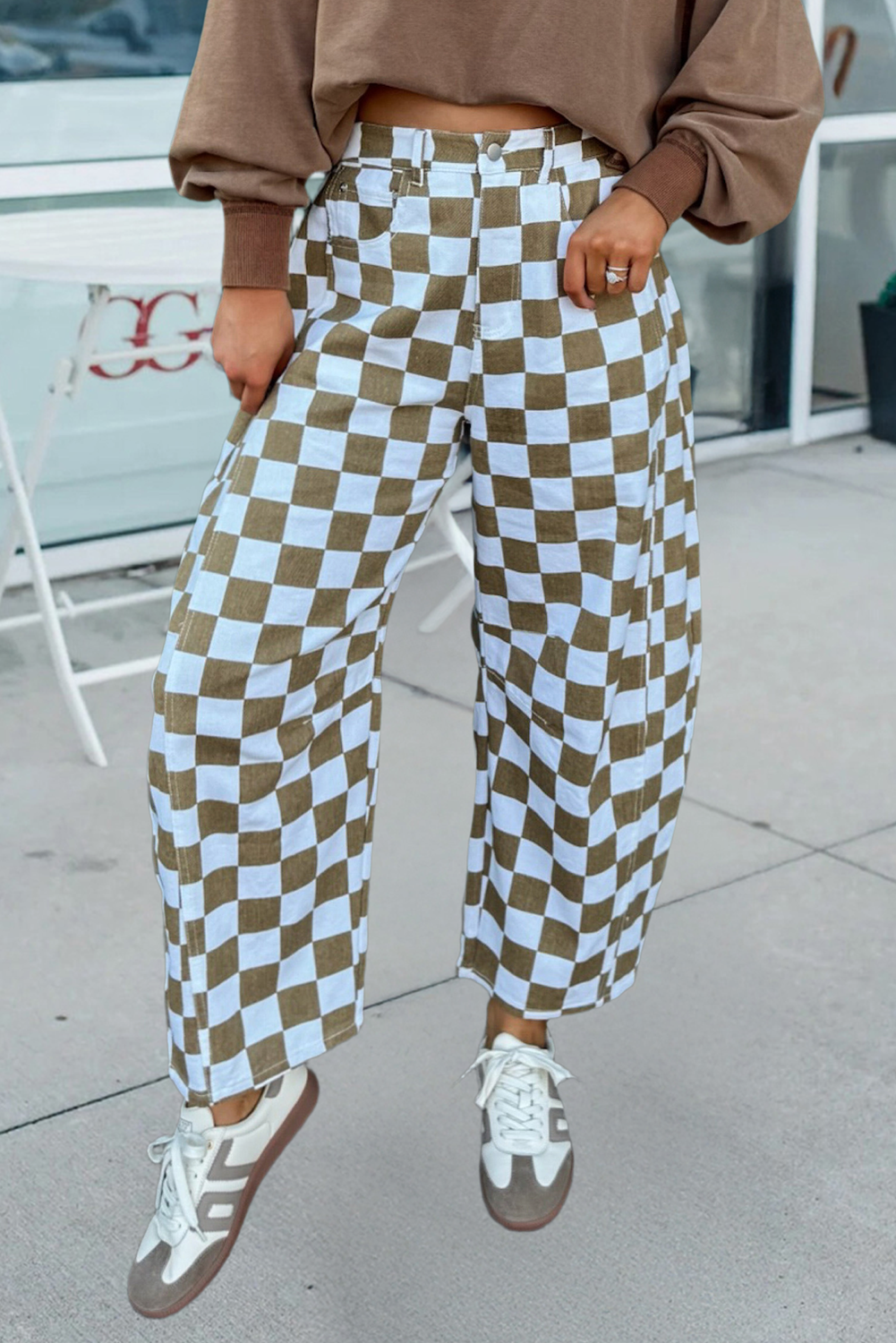 Checkered Print Denim Barrel Pants: White, 10
