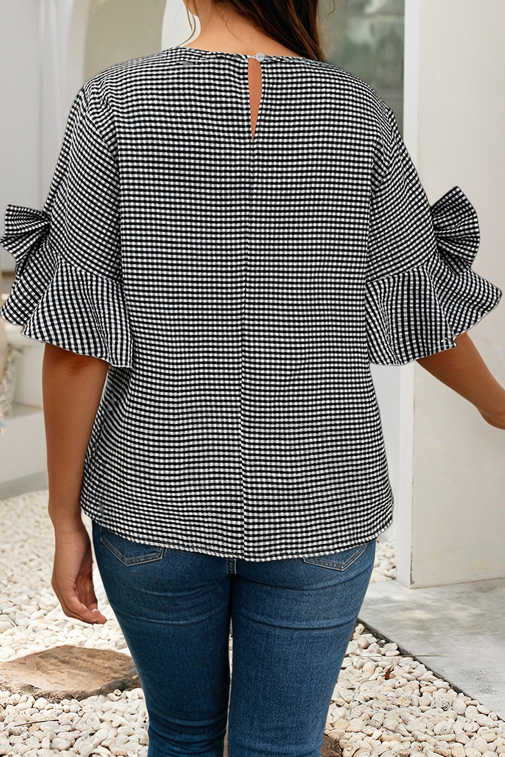 Plus Plaid Bow Bell Sleeve Round Neck Top: Black, 1X