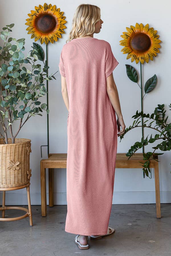 PLUS SIZE Ribbed V Neck Short Sleeve Maxi Dress: Mauve, 1X