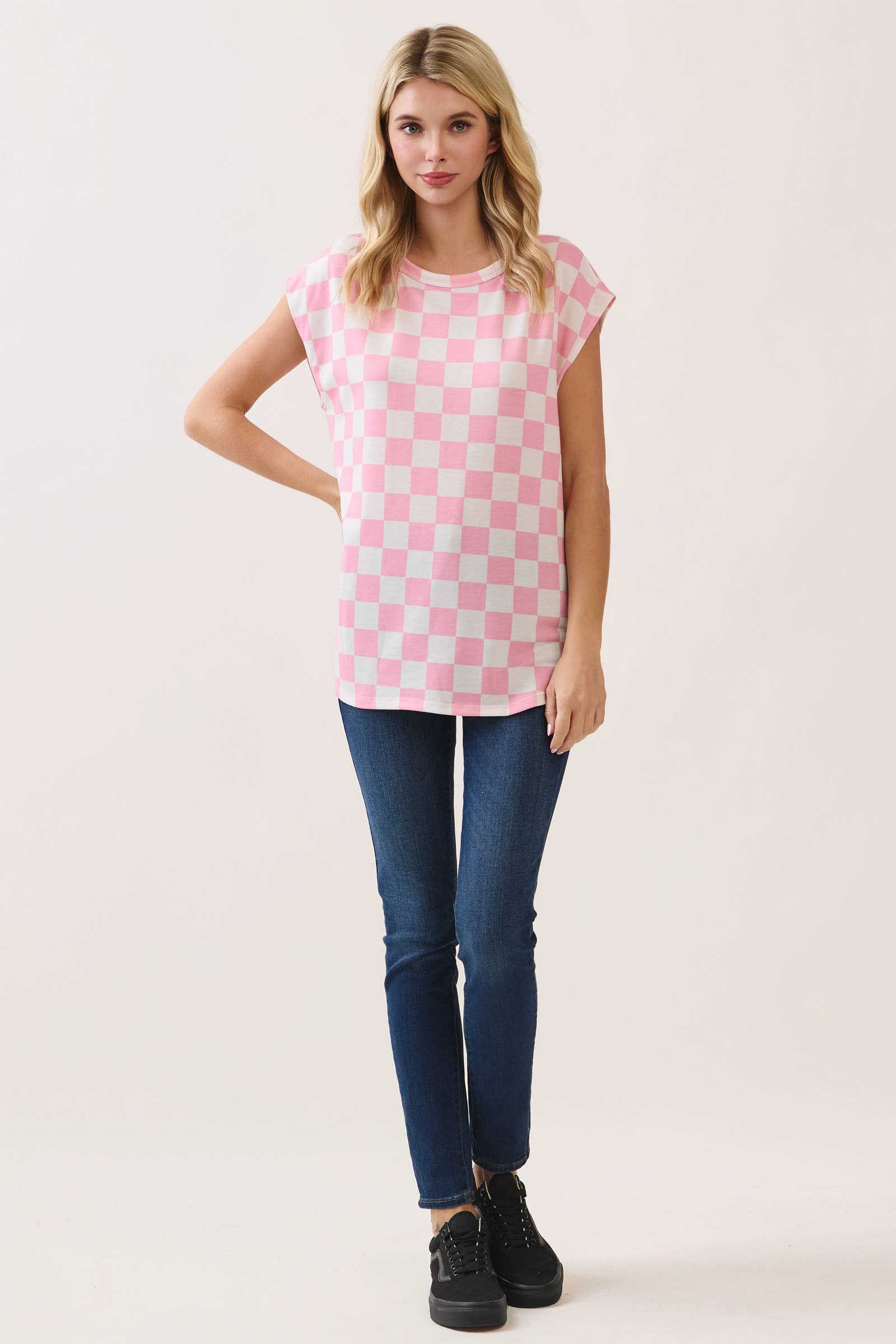 Checkered Print Casual Knit Tee: Orange, L