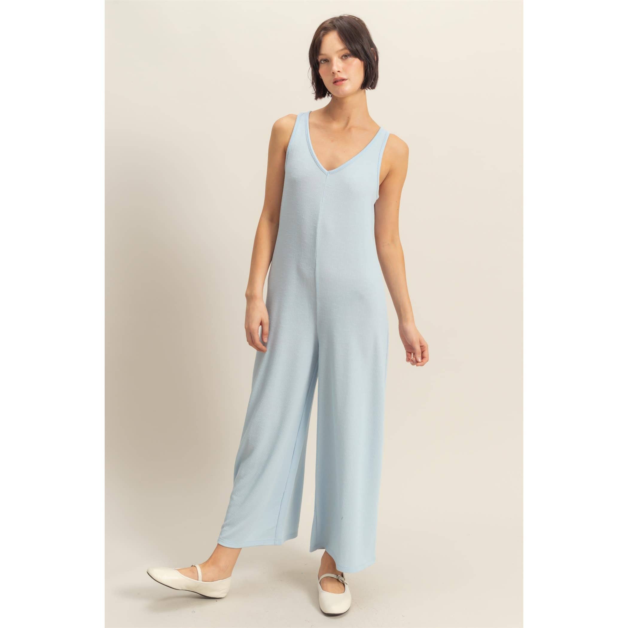 V-Neck Sleeveless Wide Leg Jumpsuit: ICE BLUE