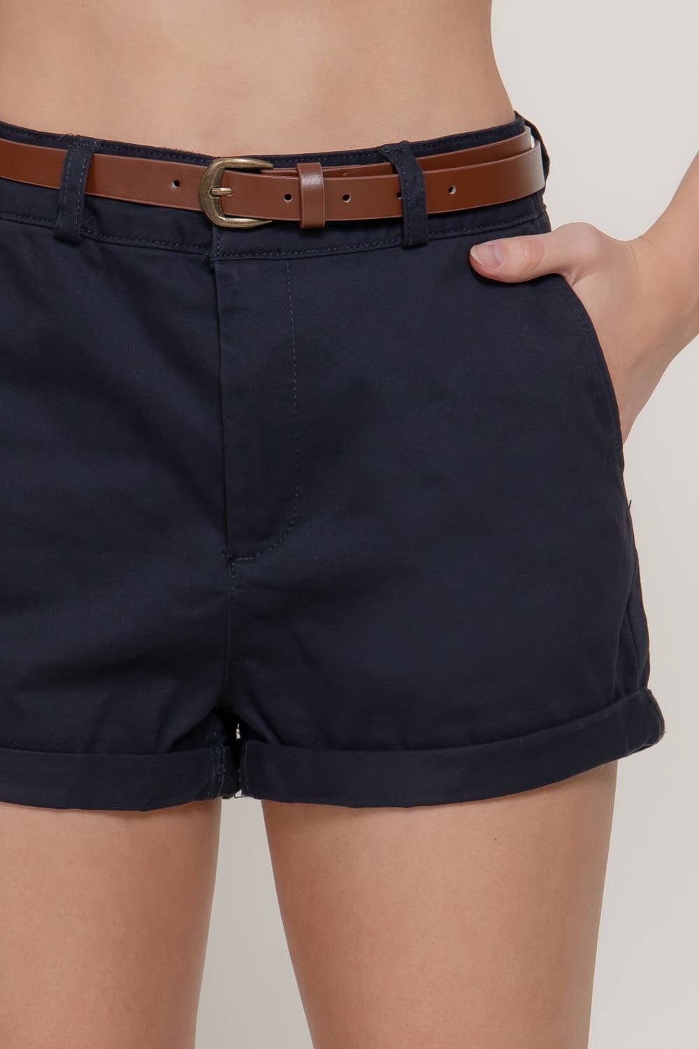 Cotton Spandex Twill Belted Short Pants: NVY-navy, L