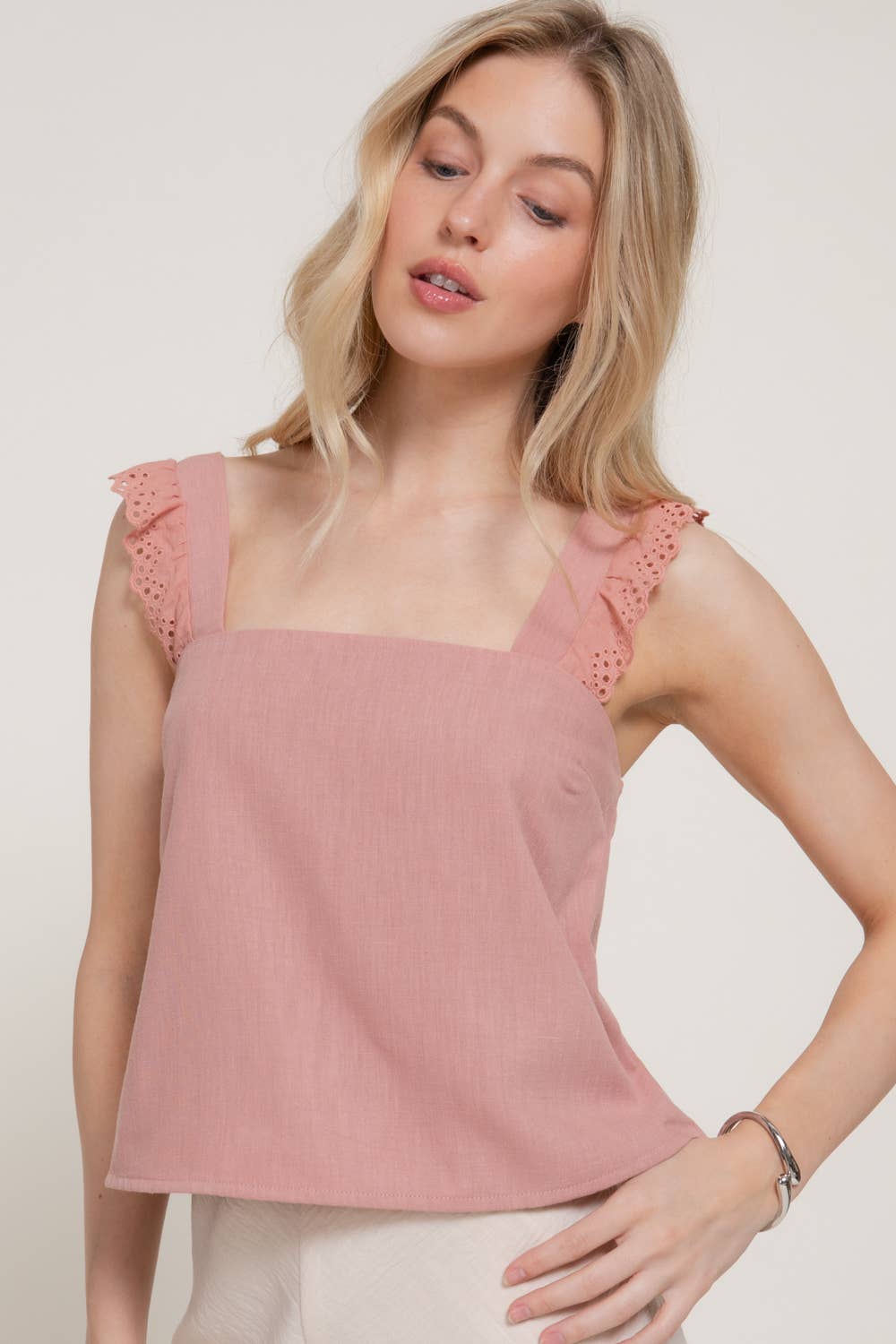 Square Eyelet Ruffle Woven Top: OLV-olive, L