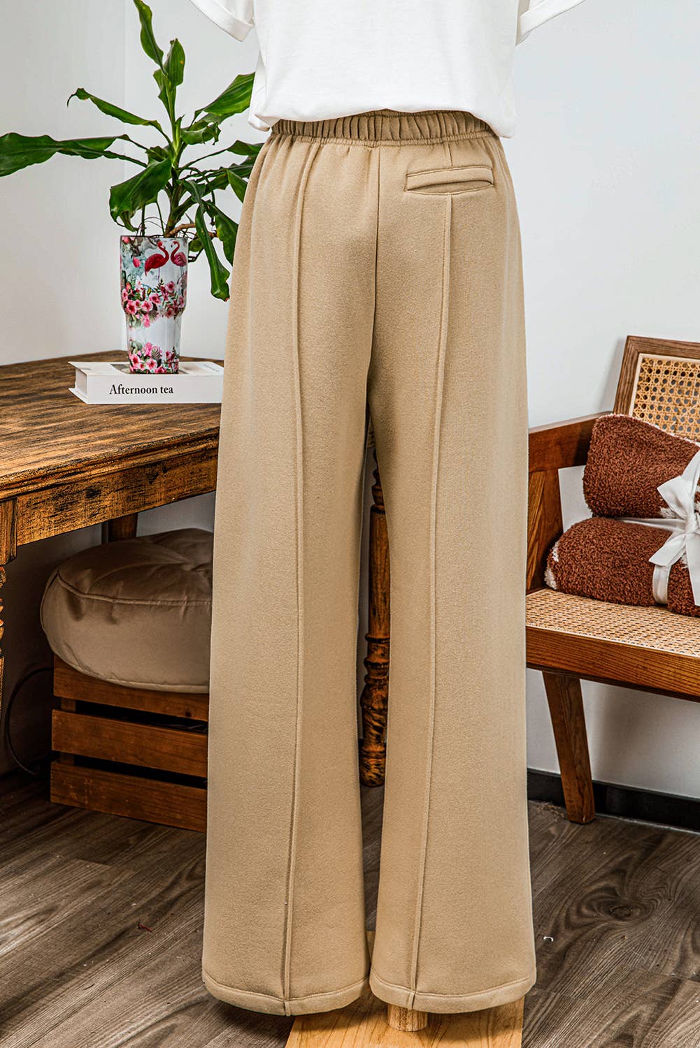 Exposed Seam Drawstring High Waist Wide Leg Pants: L