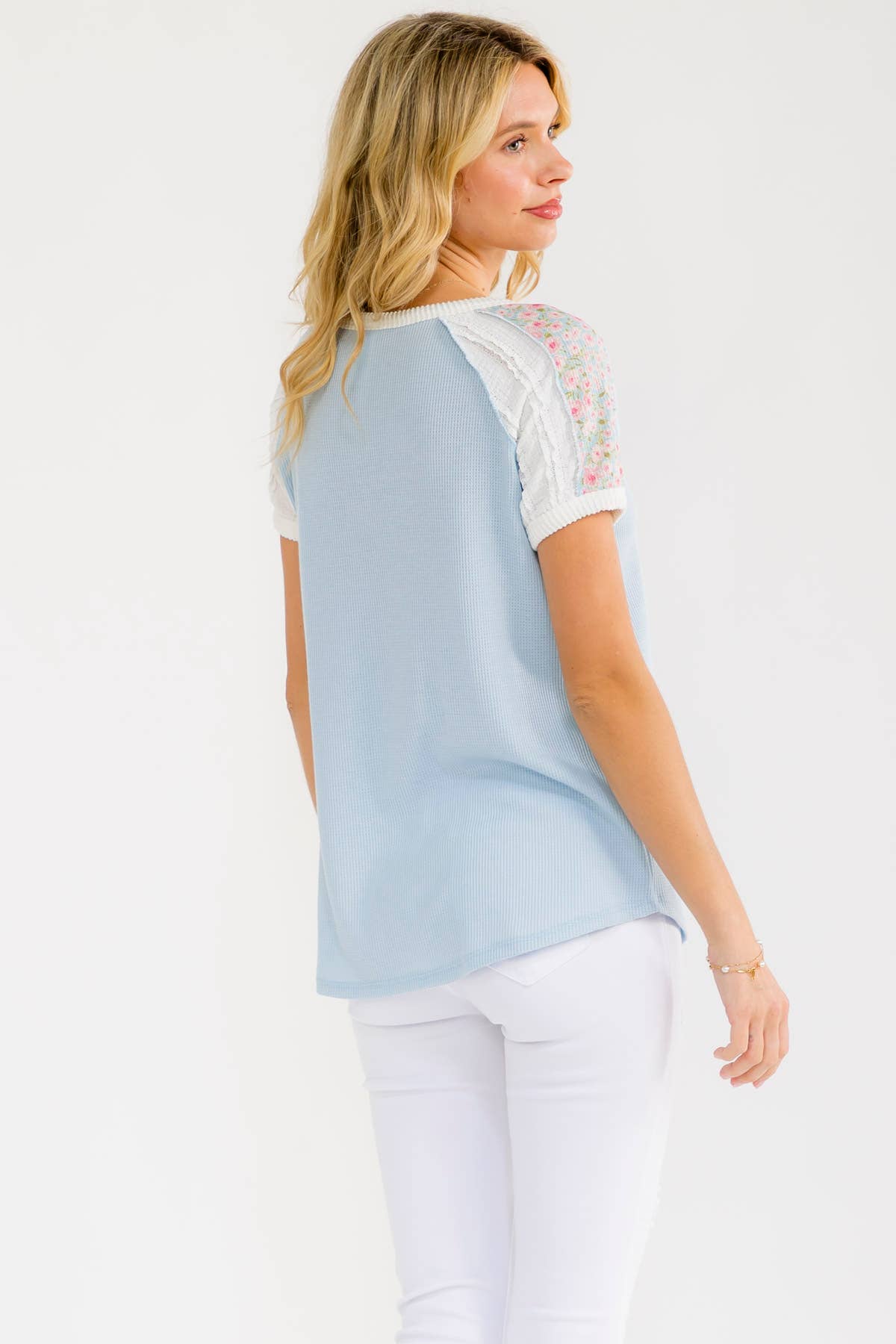 Lace Sleeve Button Front Top: Blue, 3X