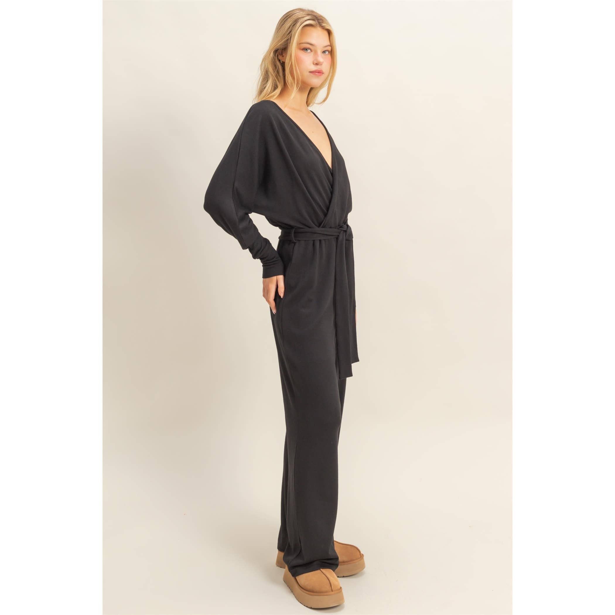 Lightweight Surplice Tie-Belt Knit Jumpsuit: BLACK, S-M-L(2-2-2)