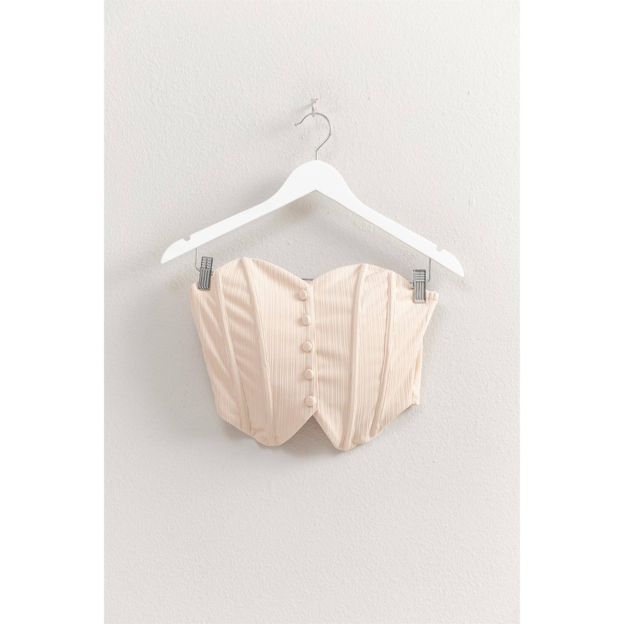 Buttoned Front Strapless Knit Bustier Top: PEACH