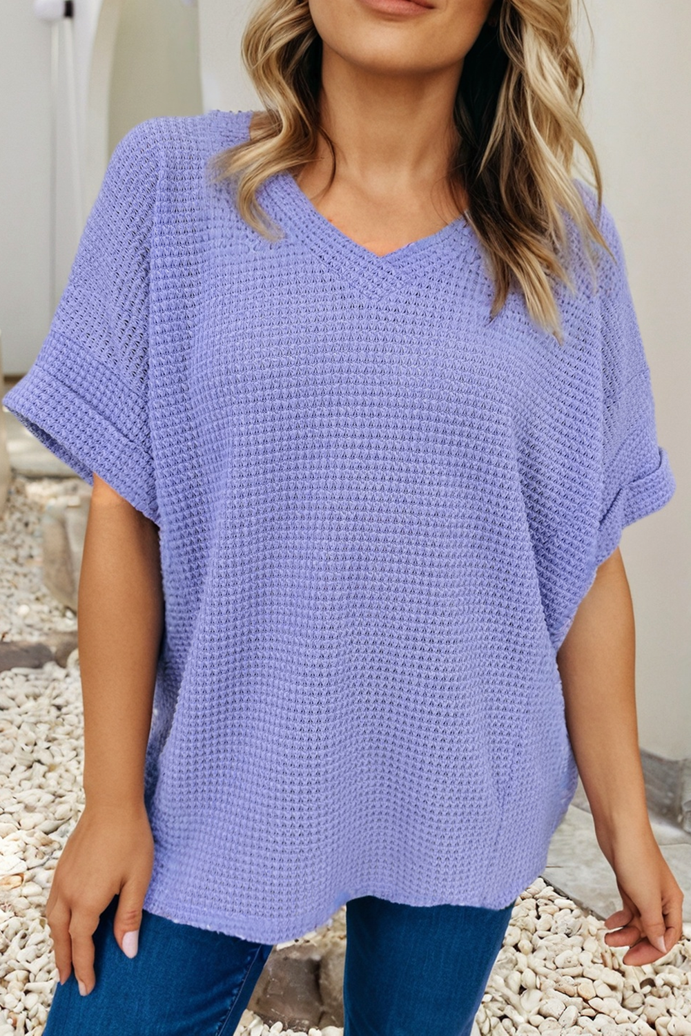 Plus Waffle V Neck Short Sleeve Knit Top: Wisteria, 1X
