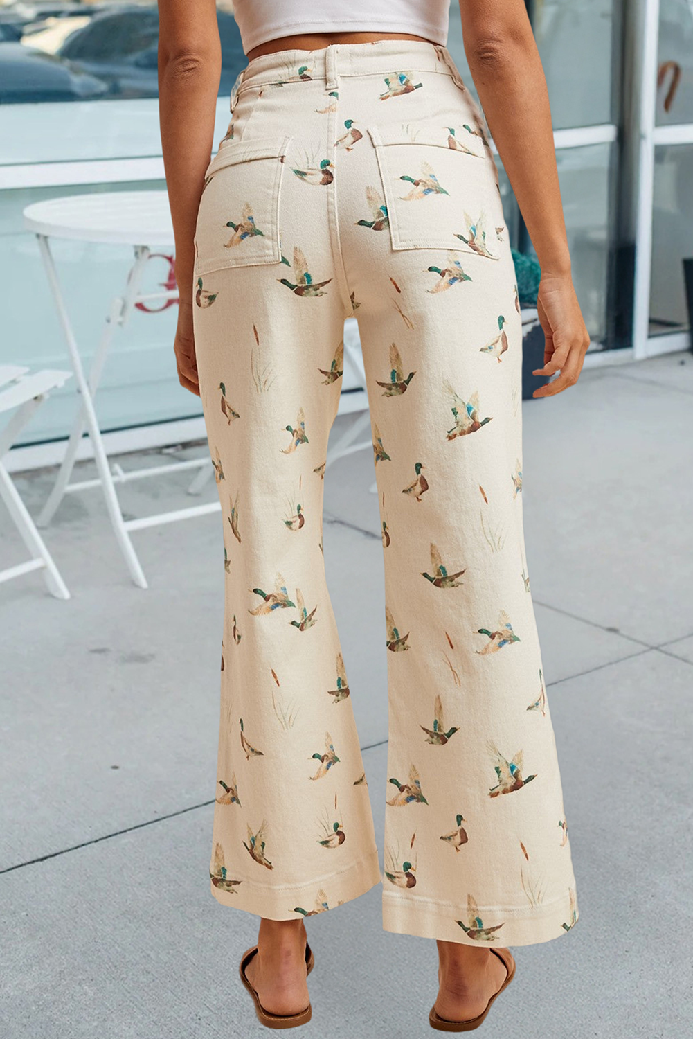 Flying Duck Print High Waist Wide Leg Jeans: Beige, 10