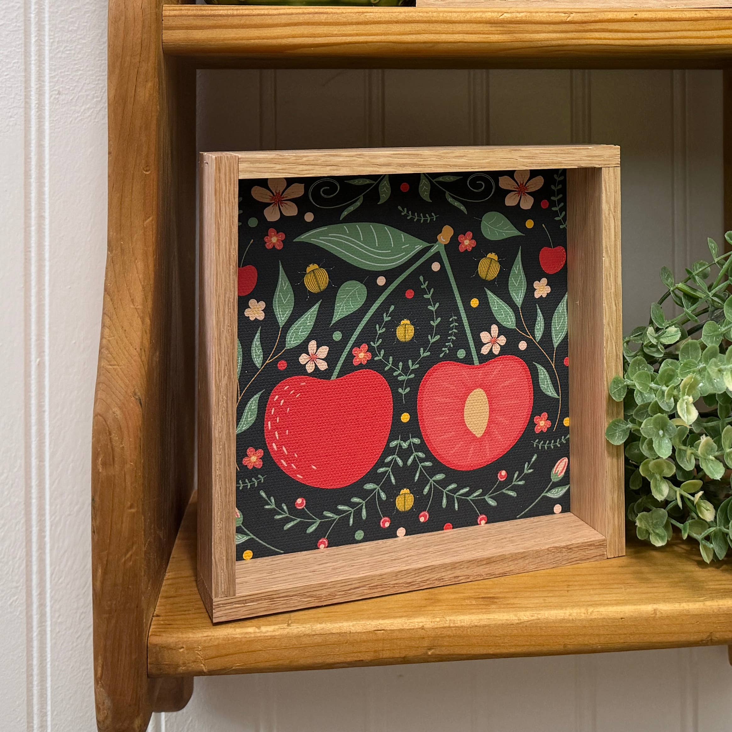 Folk Art Cherry - Cute Cherry Canvas Art - Wood Framed: 6x6" Mini Canvas Art with Wood Box Frame