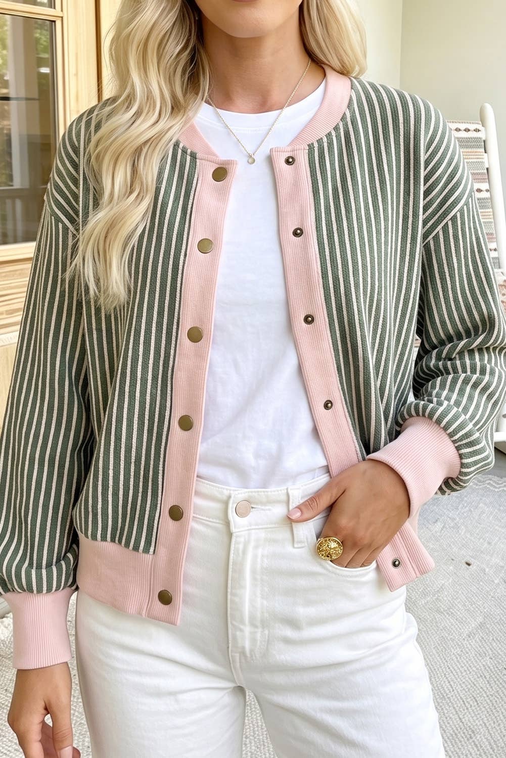 Striped V Neck Cardigan: Green, L