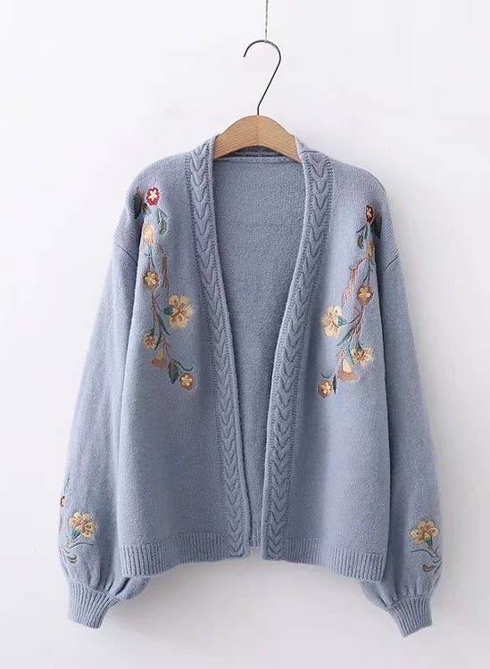 Floral knit cardigan: Blue, M