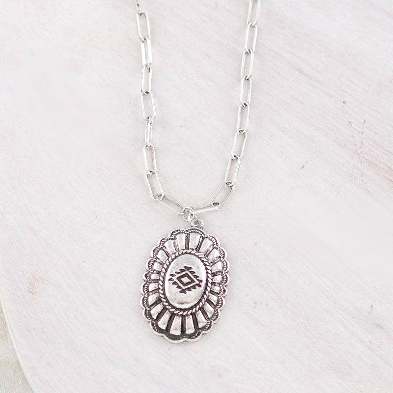 Aztec Concho Pendant Necklace: Silver