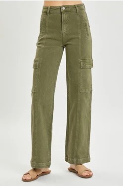 HIGH RISE WIDE CARGO PANTS - MOSS