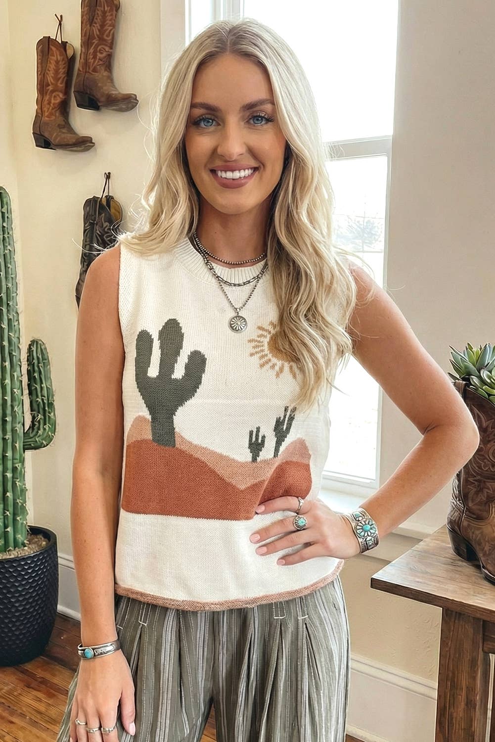 Cactus Desert Print Knit Sweater Tank Top: White, L