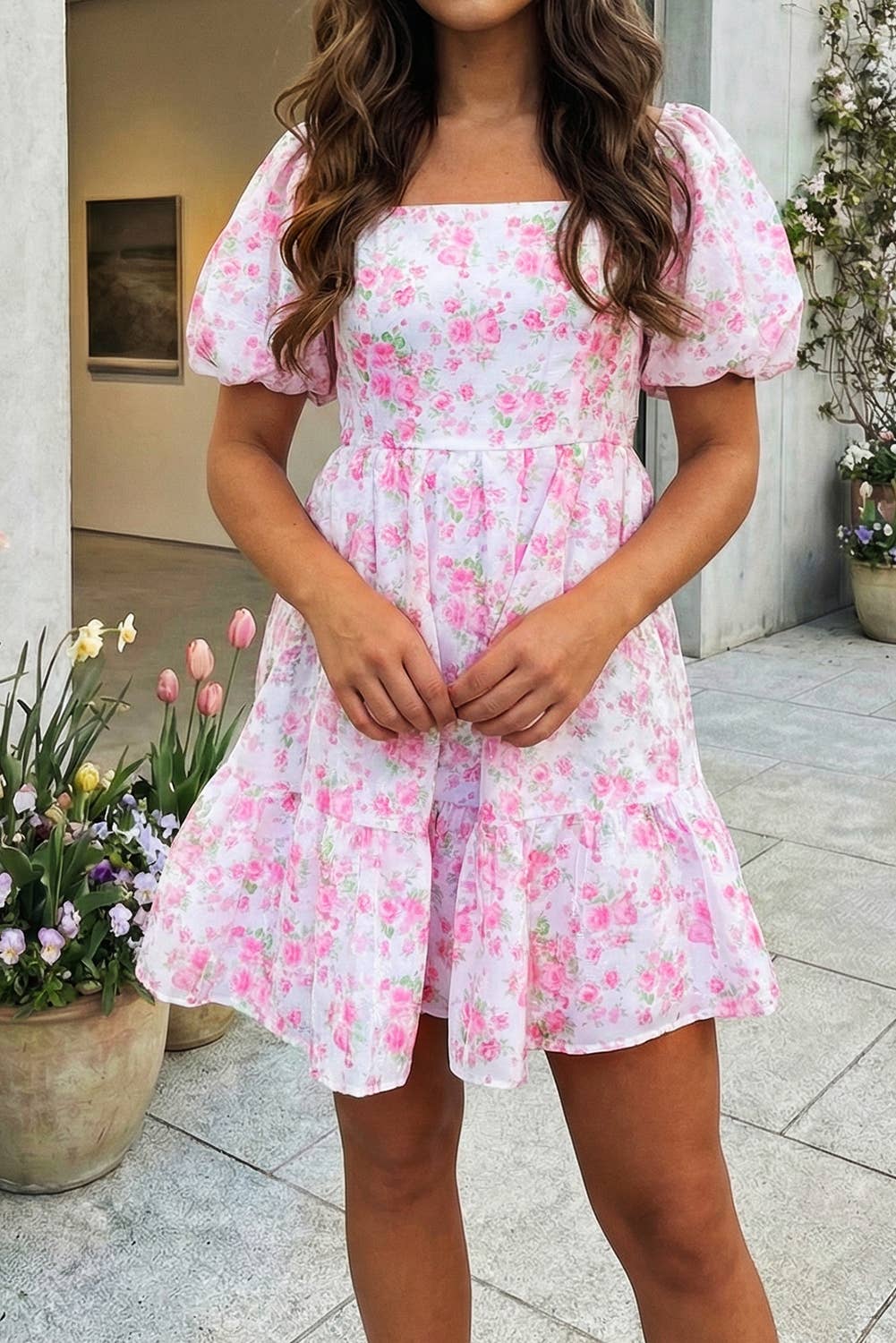 Floral Print Square Neck Ribbon Knot Back Mini Dress: Pink, M
