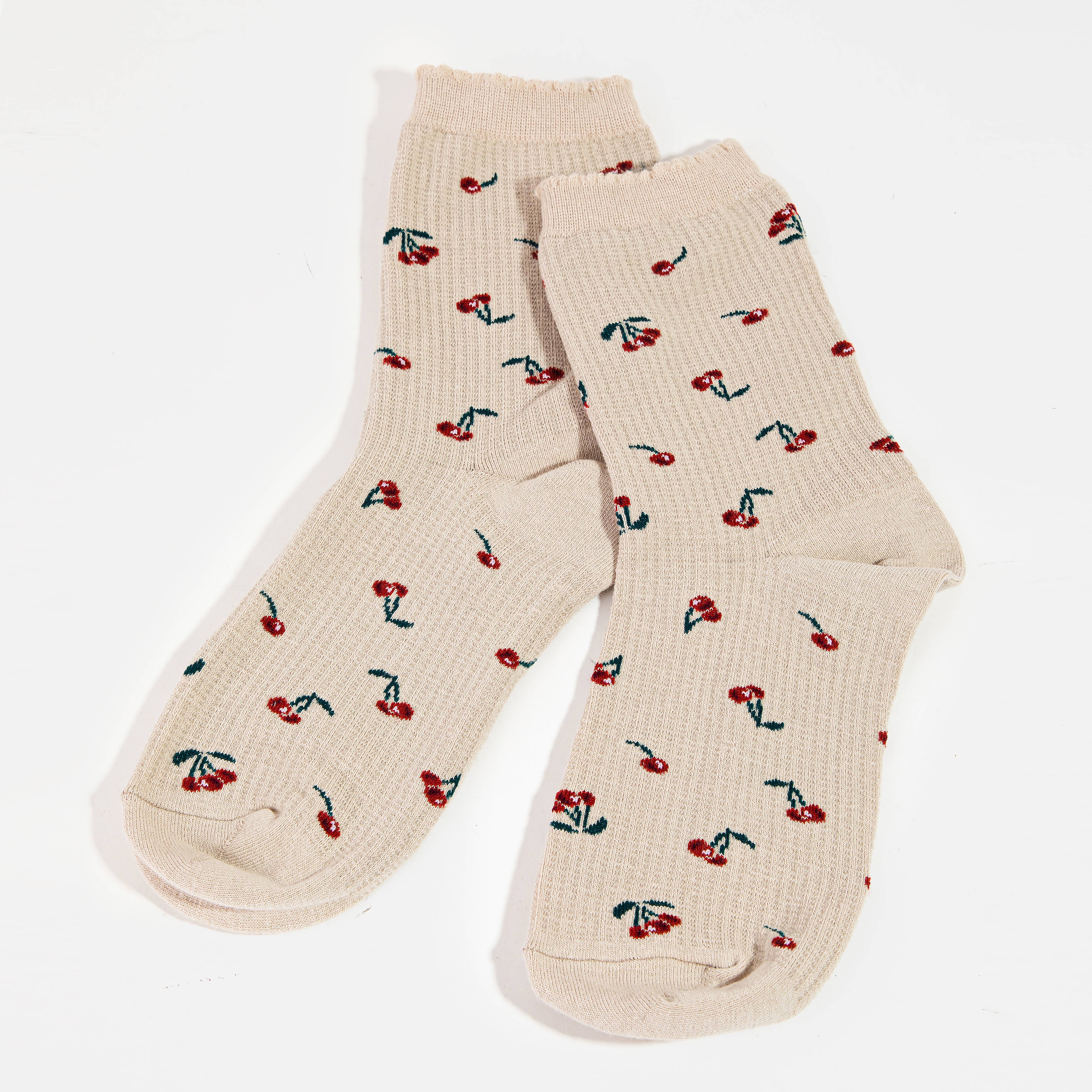 Beige Cherry Print Socks: MULTI