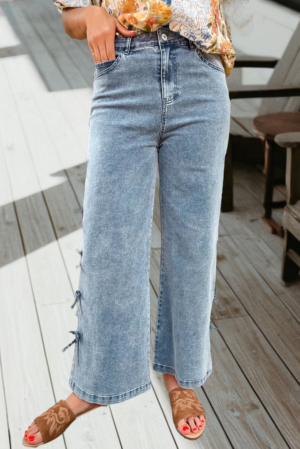 Bow Knot Side Detail Straight Leg Jeans: Beau Blue, 10
