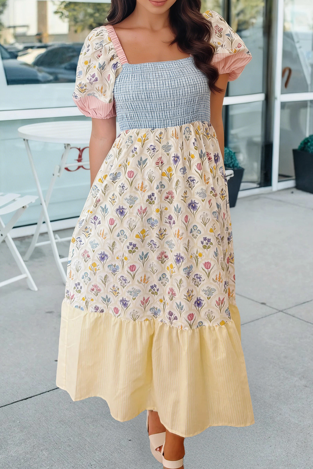 Floral Patchwork Square Neck Long Dress, M