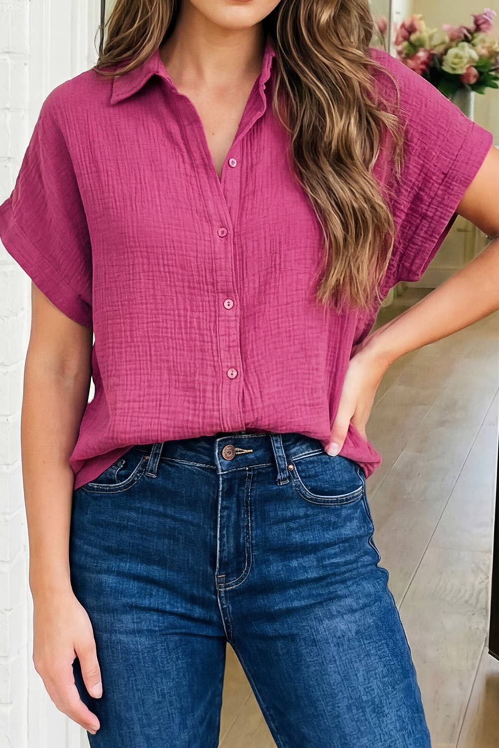 Crinkle Button Down Loose Shirt: Rose, XL