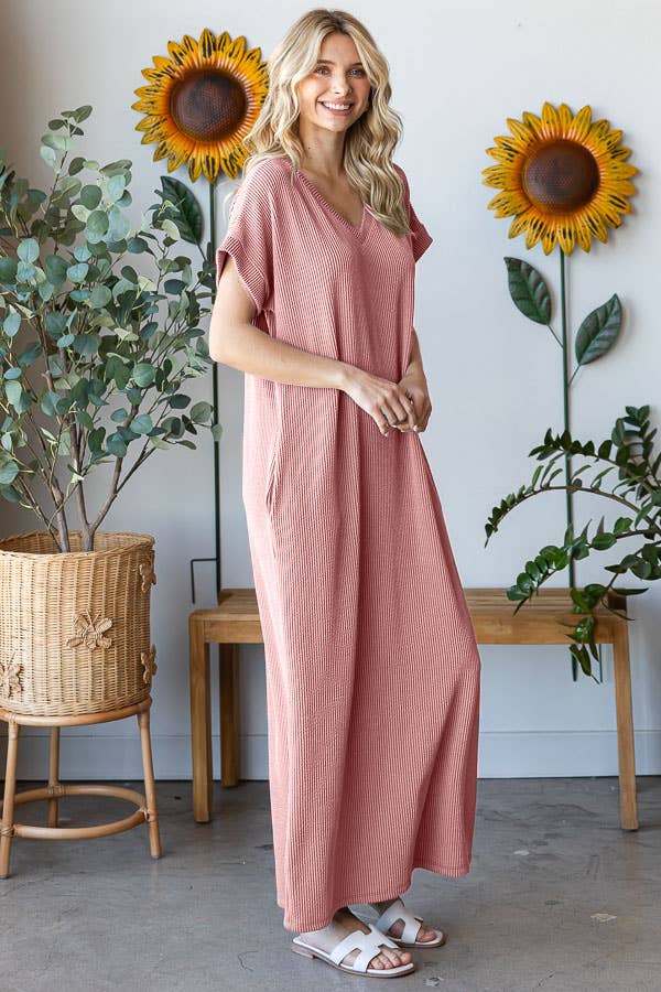 PLUS SIZE Ribbed V Neck Short Sleeve Maxi Dress: Mauve, 1X
