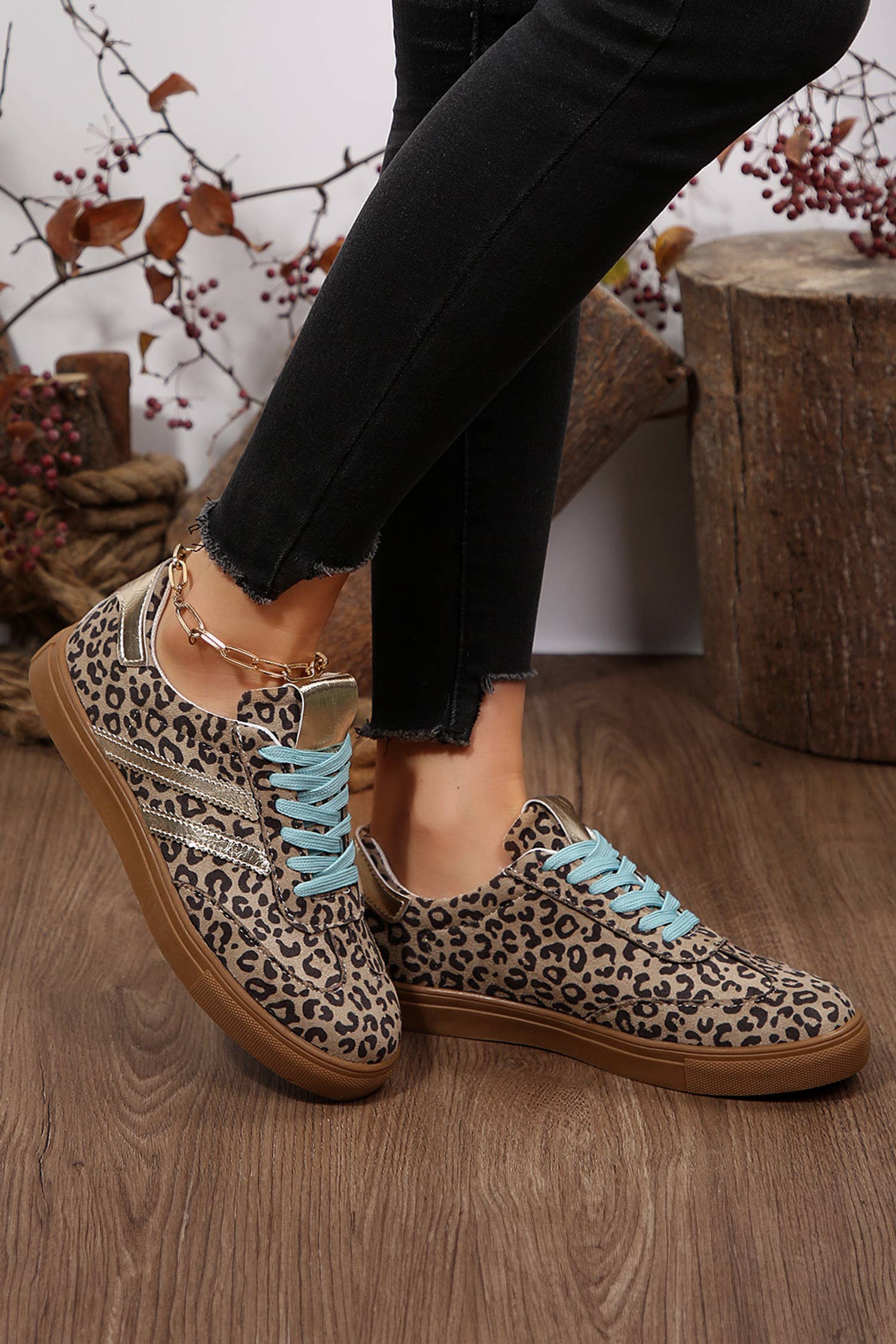 Leopard Print Sleek PU Leather Detail Lace Up Sneakers: Brown, 6